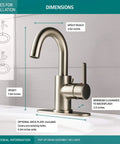 Precept Single Hole Bathroom Faucet in Brushed Nickel Finish With No Fuss Easy Install Single Handle Design Includes Pop Up Drain Assembly For 1 Or 3 Hole Configurations Ceramic Disc Cartridge showing dimensions and installation options
