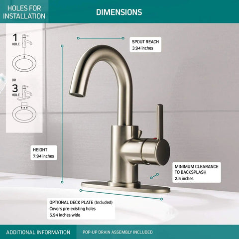 Precept Single Hole Bathroom Faucet in Brushed Nickel Finish With No Fuss Easy Install Single Handle Design Includes Pop Up Drain Assembly For 1 Or 3 Hole Configurations Ceramic Disc Cartridge showing dimensions and installation options