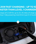 Close-up of BreezEV Beefy 48 Amp Level 2 EV Charger connected to EV, showcasing J1772 connector and fast charging capability.