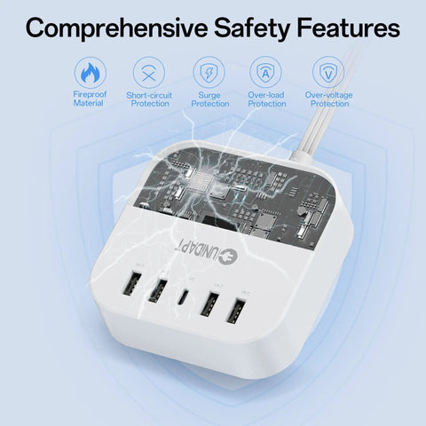 5Ft Power Strip With USB Ports Plus 1 USB-C, Non Surge Protector For Travel Cruise Ship Home And Office, safety features visible