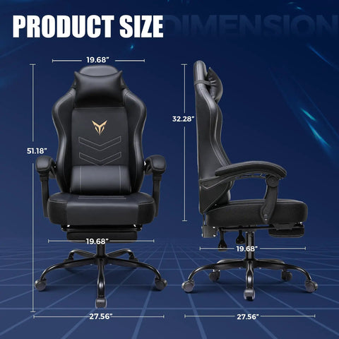 Front and side view of All Day Comfy Ergonomic Gaming Chair With Footrest And Recline Headrest And Lumbar Support in black, showing dimensions.