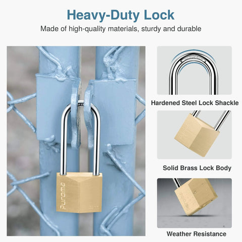 Keyed Padlock Waterproof Solid Brass Lock 2.6 Inch With Keys For Sheds Storage Units featuring hardened steel shackle on fence.