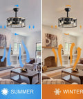 20 Inch Industrial Cage Ceiling Fan with 7 ABS Blades showing airflow direction options for summer and winter indoor use.