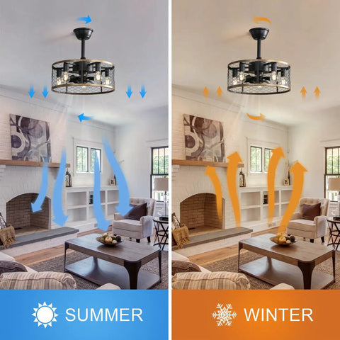 20 Inch Industrial Cage Ceiling Fan with 7 ABS Blades showing airflow direction options for summer and winter indoor use.