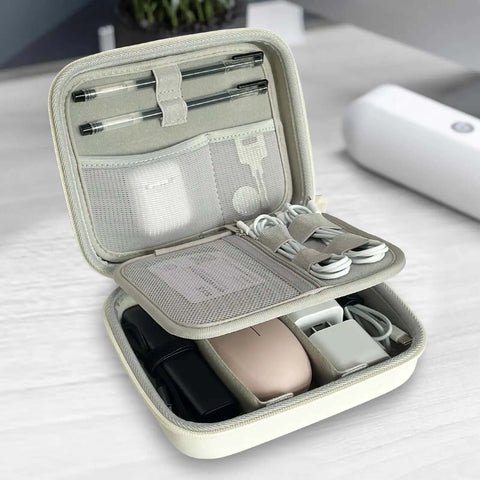 Hard Shell Cable Tech Organizer Travel Case For Power Banks And Portable Chargers With Straight Up Cable Organization And Kickass Gadget Protection Optimized To Keep Essentials Snug And Secure On Every Trip White, opened view filled with cables and tech gear.