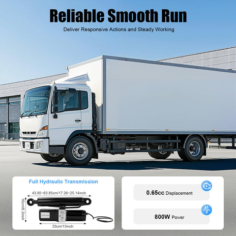 Top Shelf Heavy Duty 12V DC Electric Hydraulic Actuator 800 Watt 2 Ton Linear Cylinder With 8 Inch Stroke For Dump Trailer And Lift Table Smooth Reliable Power Lift shown mounted on a moving truck.