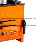 Close-up of angle adjustors on Heavy Duty Hydraulic Electric Rebar Bender With Foot Pedals 0-180 Degree Angle For Steel Bars.