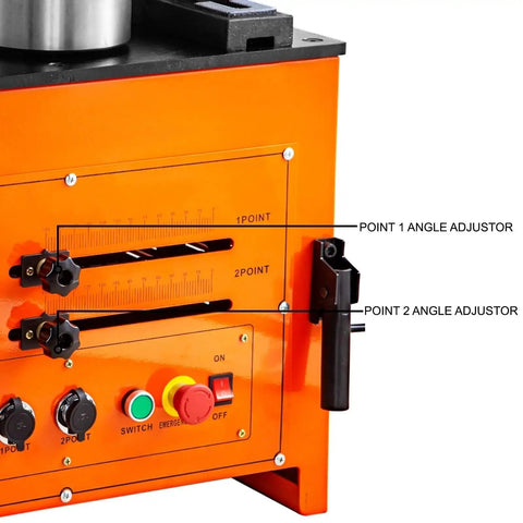 Close-up of angle adjustors on Heavy Duty Hydraulic Electric Rebar Bender With Foot Pedals 0-180 Degree Angle For Steel Bars.