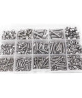 Solid 500pc Hex Socket Screw Nut Bolt Set In Black, 4mm Hardware Kit with assorted stainless steel screws and nuts in organized box.
