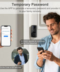 Man using smartphone app with Keyless Front Door Lock With Touchscreen Keypad Fingerprint And App Remote Control Smart Deadbolt.