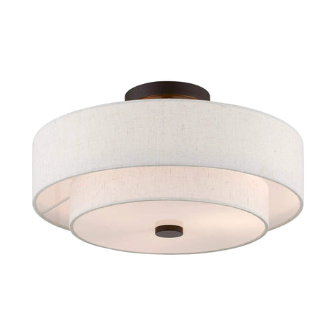 Ceiling Mount Light in English Bronze with classic transitional style, steel construction, oatmeal fabric shade, modern twist.