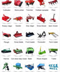 Various agricultural tools and attachments for tractors including cultivator, trencher, plow, seeder, front loader, and farm trailer.