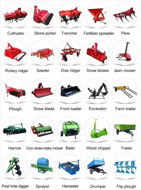 Assorted agricultural machinery for home garden and farm use, including cultivators, plows, and tillers.
