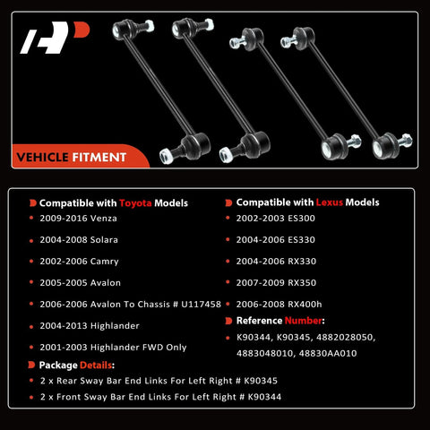 A-Premium 4-Piece sway bar link kit, front view; black metal stabilizer links with mounting bolts for Toyota and Lexus