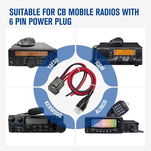 6 Pin 12AWG DC Power Cord With 30A Fuse 1M Short Power Lead for Ham and CB Radios, compatible with various radio brands.