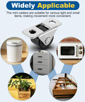 Collage showing uses of Eight Pack Mini Fixed Caster Wheels 1/2 Inch Quiet Rubber Casters for furniture and storage bins.