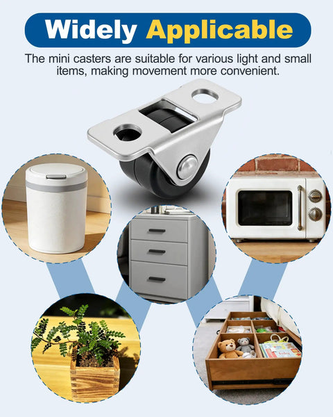 Collage showing uses of Eight Pack Mini Fixed Caster Wheels 1/2 Inch Quiet Rubber Casters for furniture and storage bins.