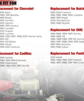 OEM fitment list for Chevrolet, Buick, GMC, Cadillac, and Pontiac vehicles from 1985 to 2002 shown over engine background.