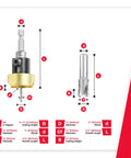 Straight Up Pro Carbide Countersink Drill Bit With Killer Plug Cutter Set dimensions chart, showing sizes and cuts.