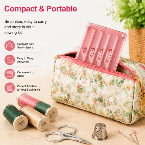 Pink seam guide for sewing machine, a universal quilting accessory, inside floral sewing kit with threads and scissors nearby.