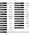 Specifications for Laser Photoelectric Switch Sensor with NPN NO And NC, four-wire, 10-30VDC input, 80-500 cm range, 1ms response time.