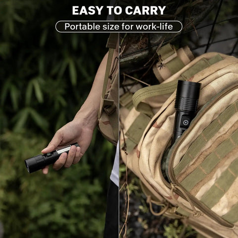 Person holding Rechargeable LED Flashlight 990000 Lumen Beast Mode Brightness With 6 Modes next to bag outdoors