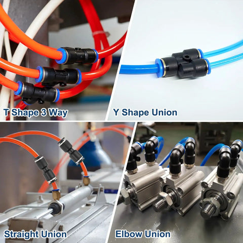 Pneumatic system with 6 Pack Black Five Eighths Inch OD Push To Connect Tee Fittings for air hose connections in T, Y, straight, elbow unions