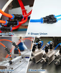 T and Y shape push-to-connect fittings in use, showcasing Six Pack Elbow Union Push To Connect Fittings Five Sixteenth In OD Tube Quick Lock.