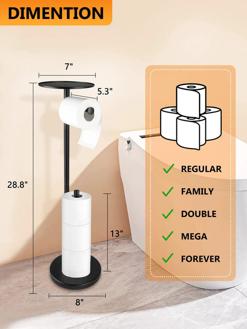 Image showing dimensions of Free Standing Black Toilet Paper Holder Stand With Phone Shelf And Built In Storage, 4 Roll Capacity.