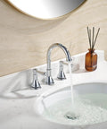 Chrome Dope Two Handle 8 Inch Widespread Bathroom Sink Faucet with Pop Up Drain for 3 Holes, high arc spout running water