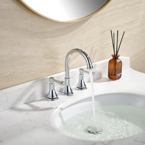 Chrome Dope Two Handle 8 Inch Widespread Bathroom Sink Faucet with Pop Up Drain for 3 Holes, high arc spout running water