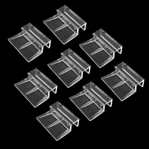 Top Shelf Heavy Duty Aquarium Lid Clips 8 Pack, Tough Clear Acrylic Fasteners For 12mm Tank Edges, arranged view of clips.