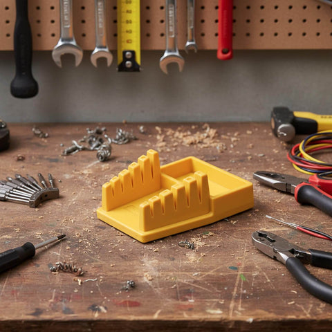 Wire Soldering Holder With Heat Resistant Silicone Stand And Five V Shaped Grooves Plus Storage Tray, yellow, on workbench.