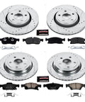 Power Stop drilled and slotted brake rotor kit with ceramic pads for front and rear; rotors, pads, and hardware