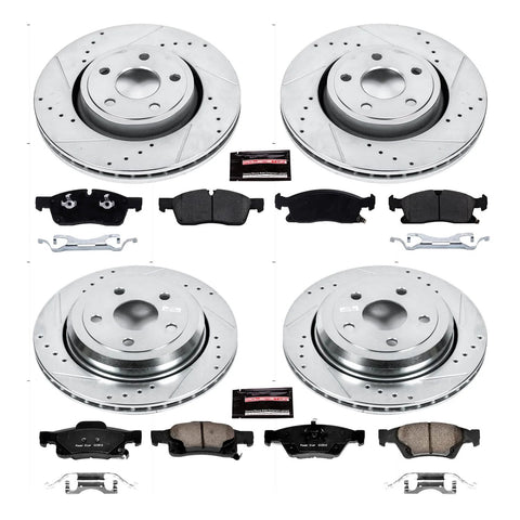 Power Stop drilled and slotted brake rotor kit with ceramic pads for front and rear; rotors, pads, and hardware