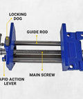 Rapid Action Woodworking Bench Vise With Quick Release Lever, 10 Inch Jaw, Blue Finish, showing locking dog, guide rod, main screw