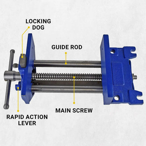 Rapid Action Woodworking Bench Vise With Quick Release Lever, 10 Inch Jaw, Blue Finish, showing locking dog, guide rod, main screw