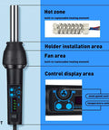 Diagram of 650W Heat Gun Kit With Digital LED Display, Adjustable Temperature featuring components like hot zone and control display.
