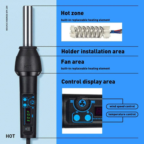 Diagram of 650W Heat Gun Kit With Digital LED Display, Adjustable Temperature featuring components like hot zone and control display.