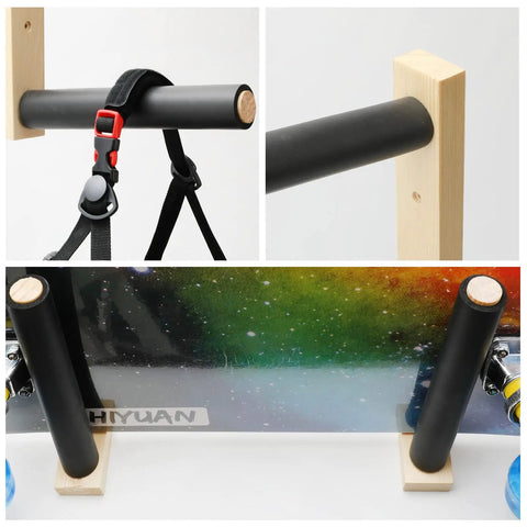 Handcrafted Natural Wood Wall Mount Skateboard Rack Holds Three Longboards And Snowboards Featuring Protective Cushioned Sleeves close up view of black padded holders