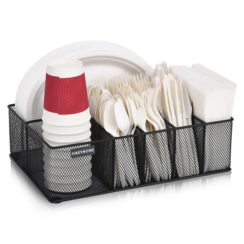 Countertop Paper Plate Organizer With 6 Compartments And Silverware Caddy, holding red paper cups, plates, utensils, and napkins