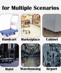 Heavy Duty 4 Inch Replacement Caster Wheels 4 Pack shown on diverse carts in handcart, marketplace, cabinet, hotel, warehousing, and airport settings.