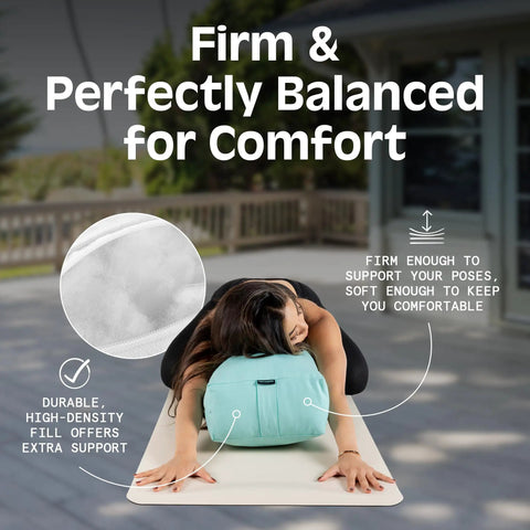 Yoga Bolster Pillow For Restorative Sessions And Meditation Cushion With Plush PET Filling, 100 Percent Cotton Cover, Eco Friendly Practice Prop For Back, Neck And Joints, Washable Cover And Everyday Cozy Comfort, on a woman in a supported stretch