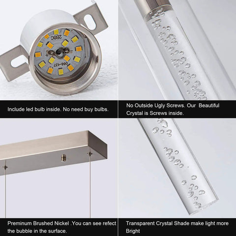 Pendant Lights For Kitchen Island With Remote Control, LED bulb details, brushed nickel and clear cylinder with bubble details