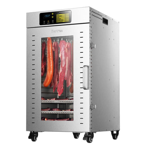 Heavy Duty Commercial Food Dehydrator With Eighteen Stackable Trays, A Hardcore Two Thousand Watt Heater, And All Stainless Steel Build for drying meat.