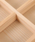 Close-up view of the interior dividers in the Six Compartment Pine Wood Jewelry Tray, Rustic Desktop Catch All.