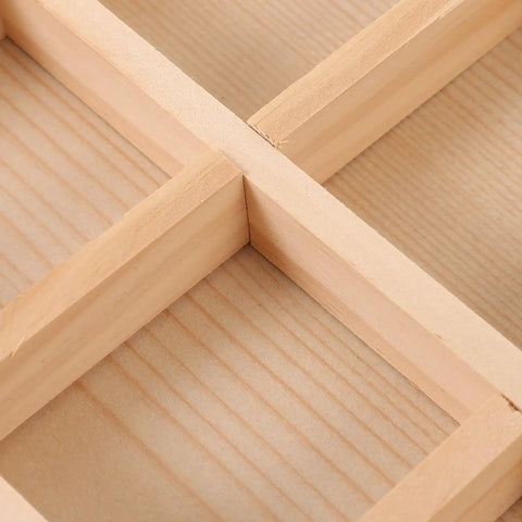 Close-up view of the interior dividers in the Six Compartment Pine Wood Jewelry Tray, Rustic Desktop Catch All.