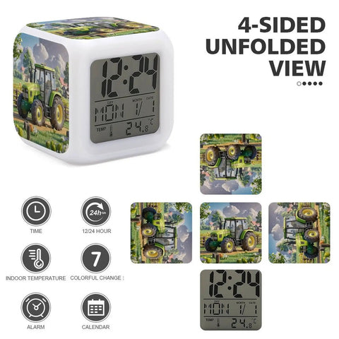 Tractor Farm Alarm Clock With 7 Color Changing Night Light featuring unfolded view and digital temperature display.