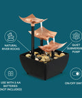 Tabletop Water Fountain With Three Tiers For Indoor Zen Waterfall Vibe, natural river rocks, quiet submersible pump, black base