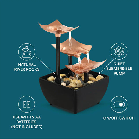 Tabletop Water Fountain With Three Tiers For Indoor Zen Waterfall Vibe, natural river rocks, quiet submersible pump, black base